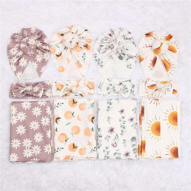 Mantas Swaddling Baby Vintage Print Niños 3 piezas Traje recién nacido Swaddle Wrap Turbante Sombreros Donut Hat Diadema Estampado floral Conjuntos de mantas