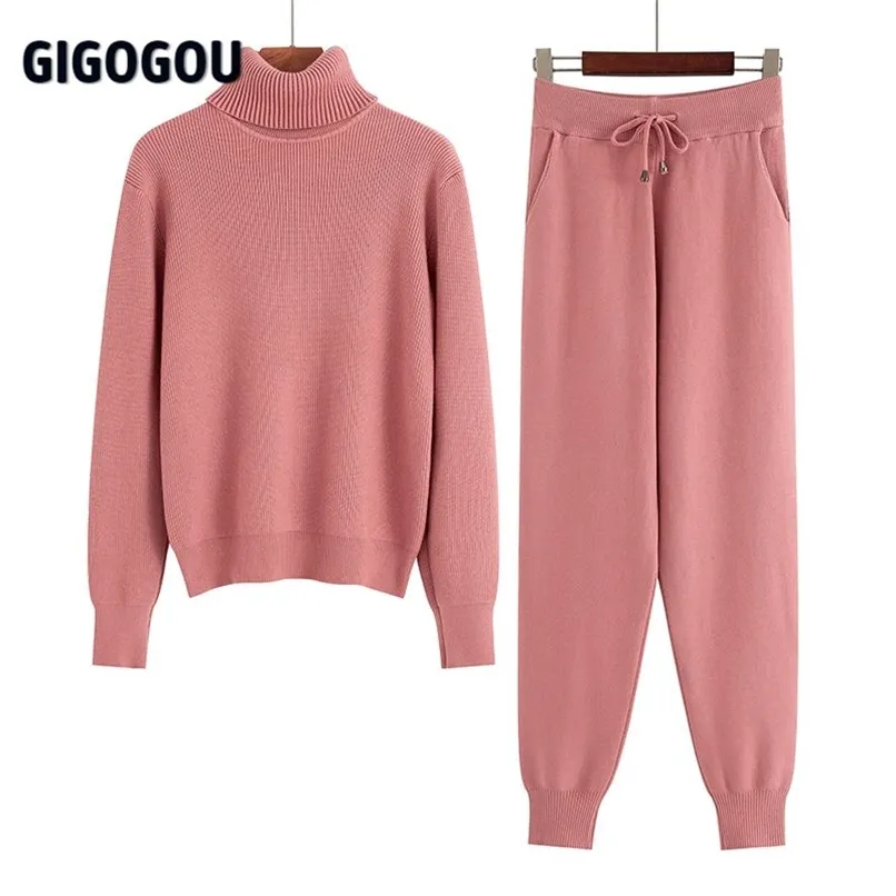 GIGOGOU Two Piece Set Women Knit Sport Suits Thick Warm Turtleneck Women Sweater + Drawstring Harem Pants Winter Jogging Outfits 210925
