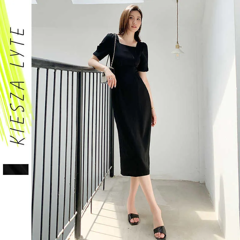 Robe noire Femme Col carré Manches bouffantes Solide Slim Summer Robes courtes Robe de Mujer Femme Robe 210608