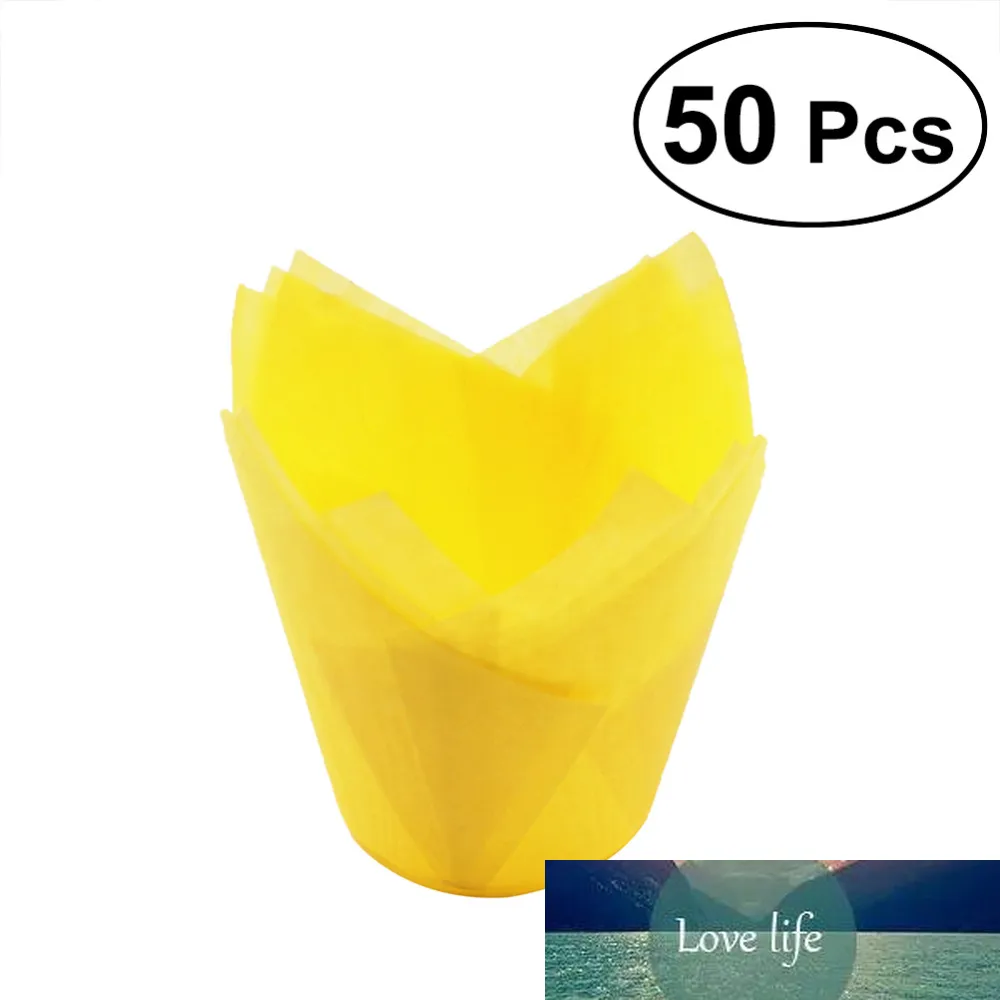 50 Buah Pembungkus Cupcake Liner Tulip Bentuk Muffin Wadah Cup Kue Pesta Nikmat (Kuning)