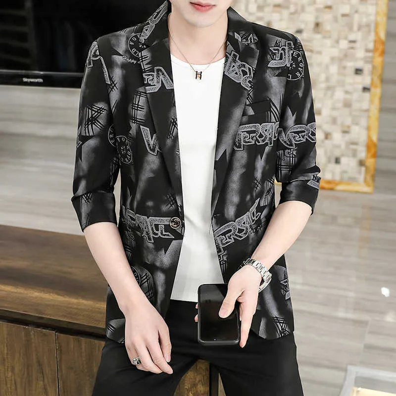 Summer Men Blazers Jacket 3/4 Sleeve Wedding Business Blazer Slim Fit Masculine Street Wear Social Casual Dress Coat Veste Homme 210527