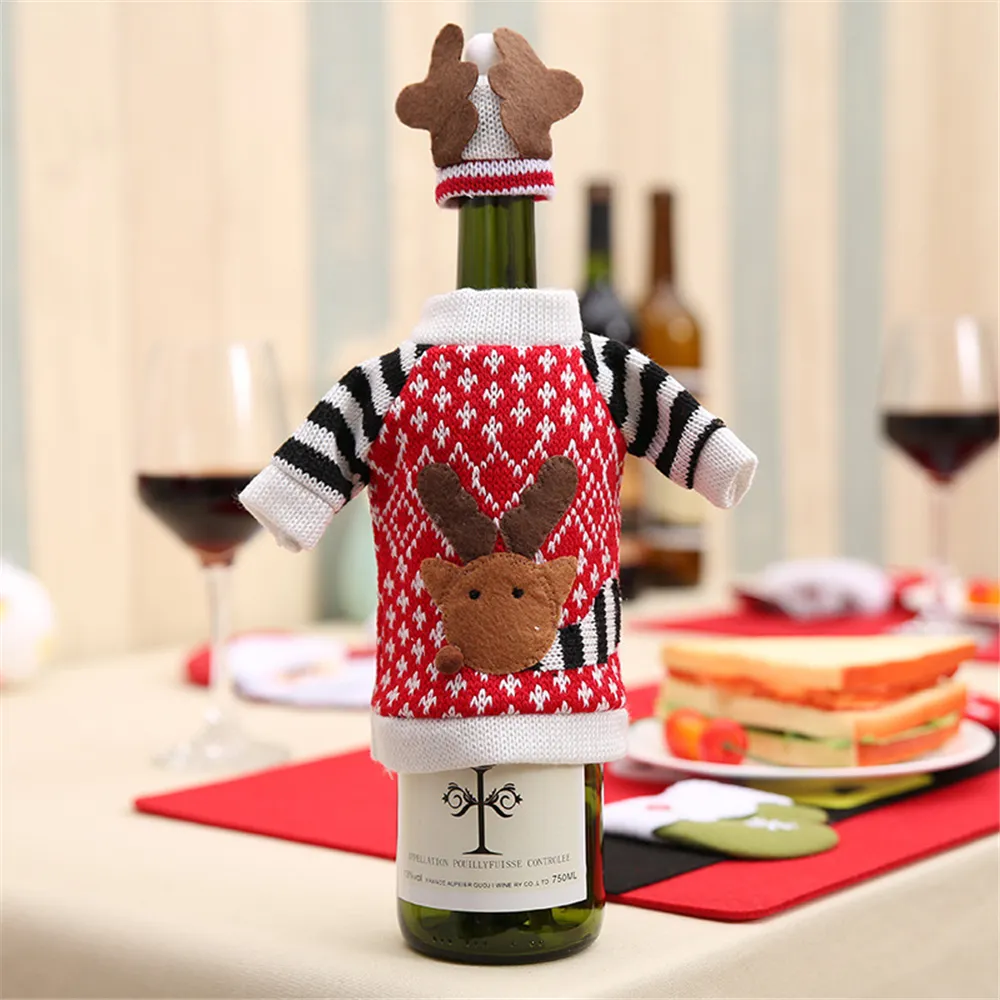 Christmas Decoration Knitted Suits with Antler Hats Tops Wine Bottle Cover New Year Dinner Table Ornaments PHJK2107
