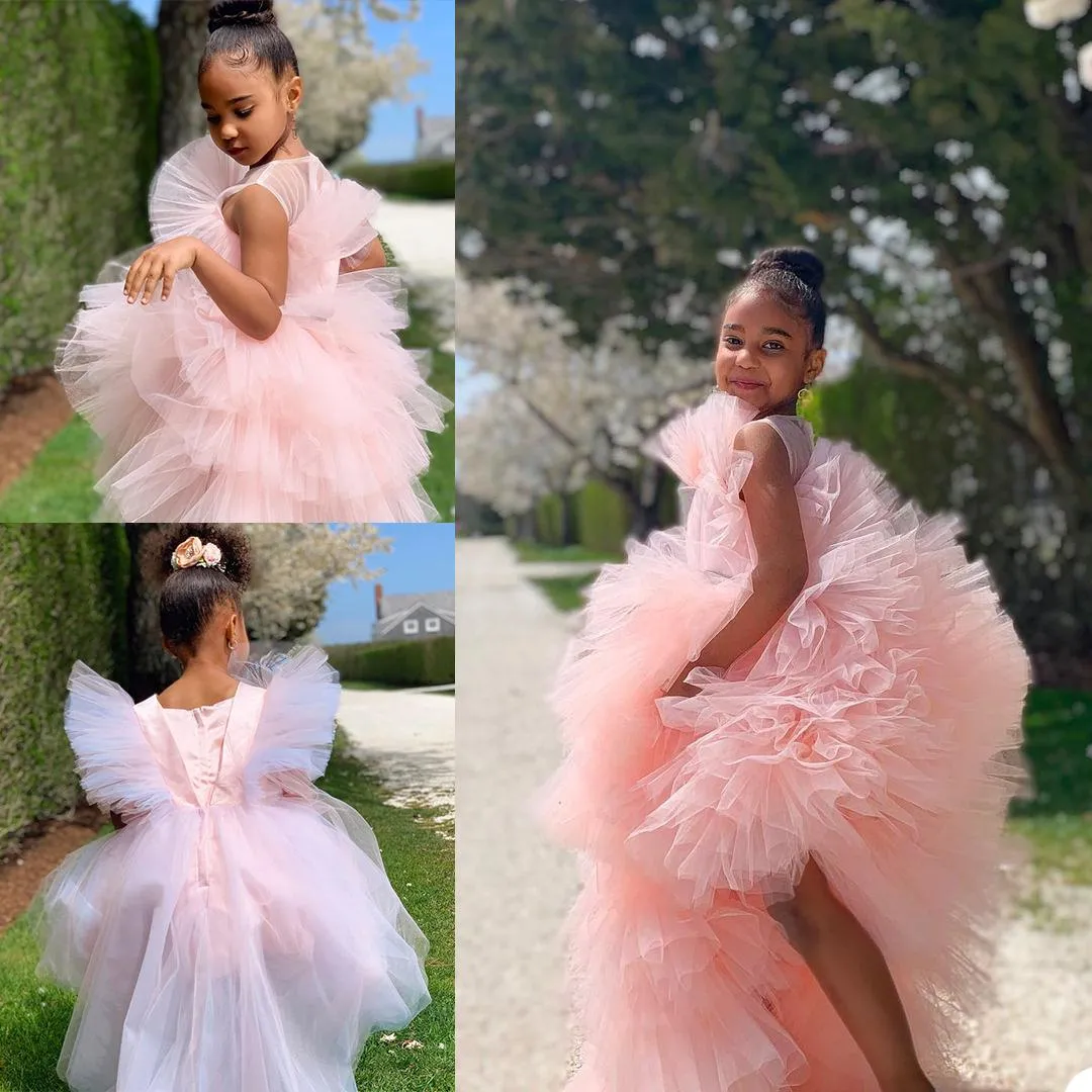 Rosa Tutu-Blumenmädchenkleid mit kurzen Ärmeln, abgestufte Rüschen, Mädchen-Geburtstagsparty-Kleider, Ballkleid, Hochzeit, Abschlussball, formelle Festzug-Kleider M86