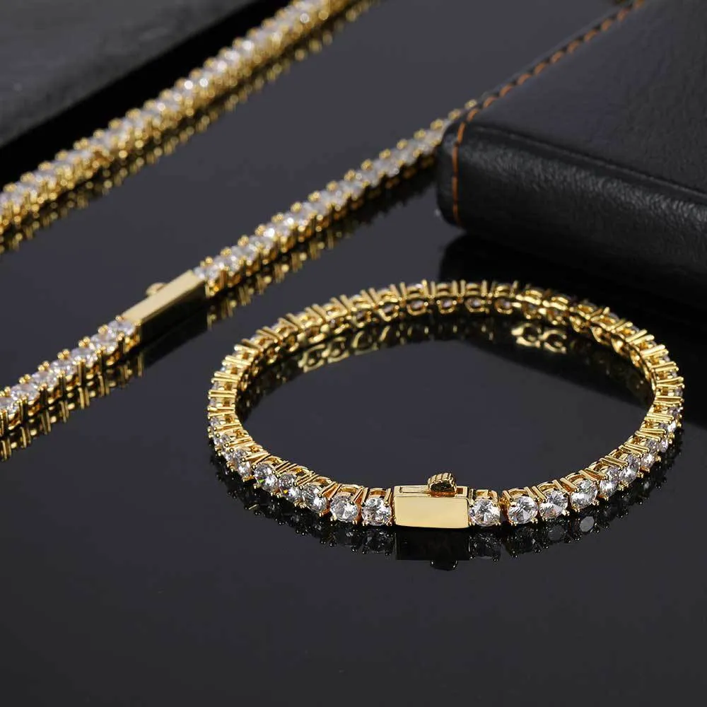 Hip Hop 3mm 4mm 5mm Spring Buckle Zircon Tennis Chain Necklace Real Gold Plating One Row Diamond Necklace Bracelet