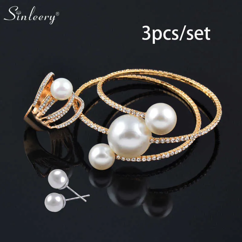 Conjuntos de joyas Pulsera de diseño de lujo SINLEERY Boda Big Pearl Multilayer Brazalete Anillos Conjunto para mujeres Color oro TZ198 SSP