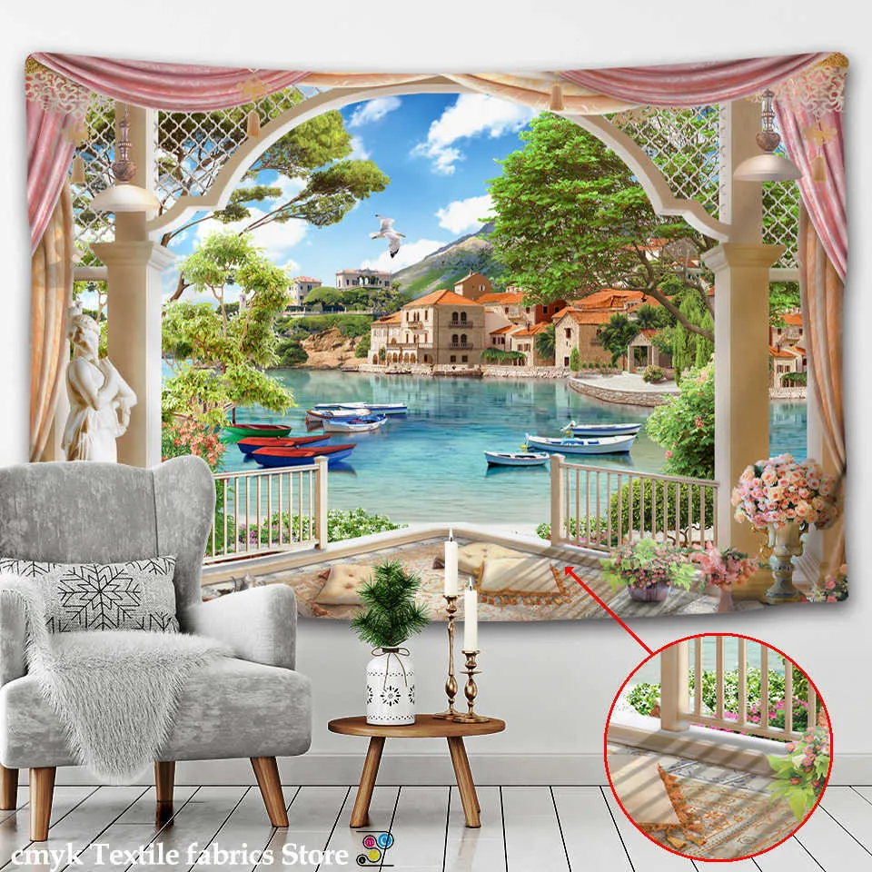 3D остров пейзаж гобеленый арка окна ландшафта роспись стена гобелен нордический стиль дома украшения картины стены висит 210609