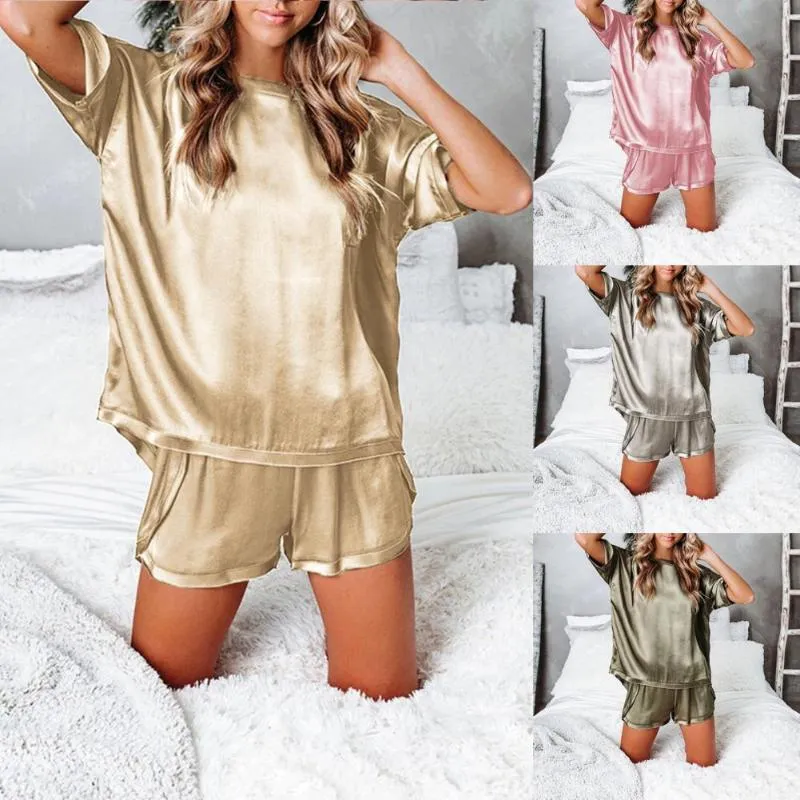 Women's Tracksuits Ladies Satin Silk Pajama Sets O-neck Short Sleeve Top Loose Shorts Pajamas Home Suit Lounge Wear Pijama Femenino