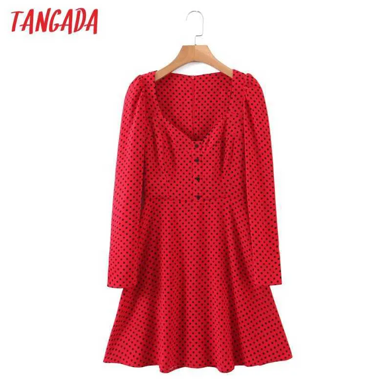 Tangada мода женщин красные точки печати винтажное платье с длинным рукавом женское обратно молния stepty MIDI платье 8H23 210609