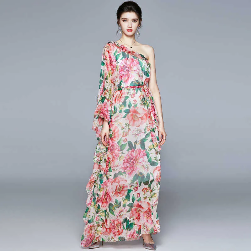 Summer Bohemian Floral Print Maxi Dress Women High Waist One Shoulder Strapless Holiday Vestidos Robe Slim 210529