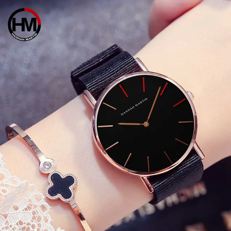 36mm Black Dial Designer Japan Quartz Beweging Dames Nylon Strap Horloge Rose Gold Ladies Horloges Waterdicht Montre Femme 210527