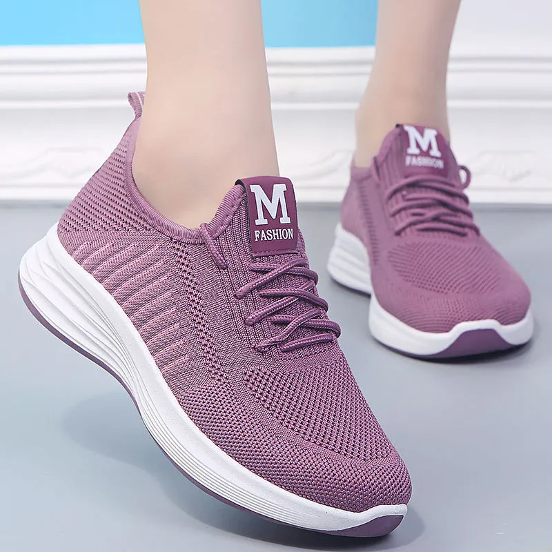 2021, zapatillas de deporte informales a la moda para mujer, zapatos planos transpirables y cómodos de malla tejida con mosca para mujer, tallas 36-40