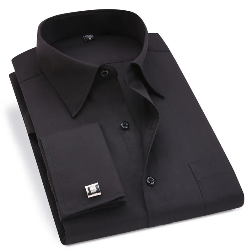 Classic Black French Cufflinks Men's Business Dress Long Sleeve Shirt Lapel Men Social Shirt 4XL 5XL 6XL Regular Fit 210714