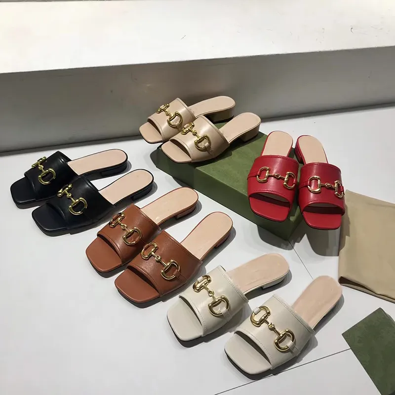 Designer Double Metal Leather Womens Slides Brown Leather Sandals