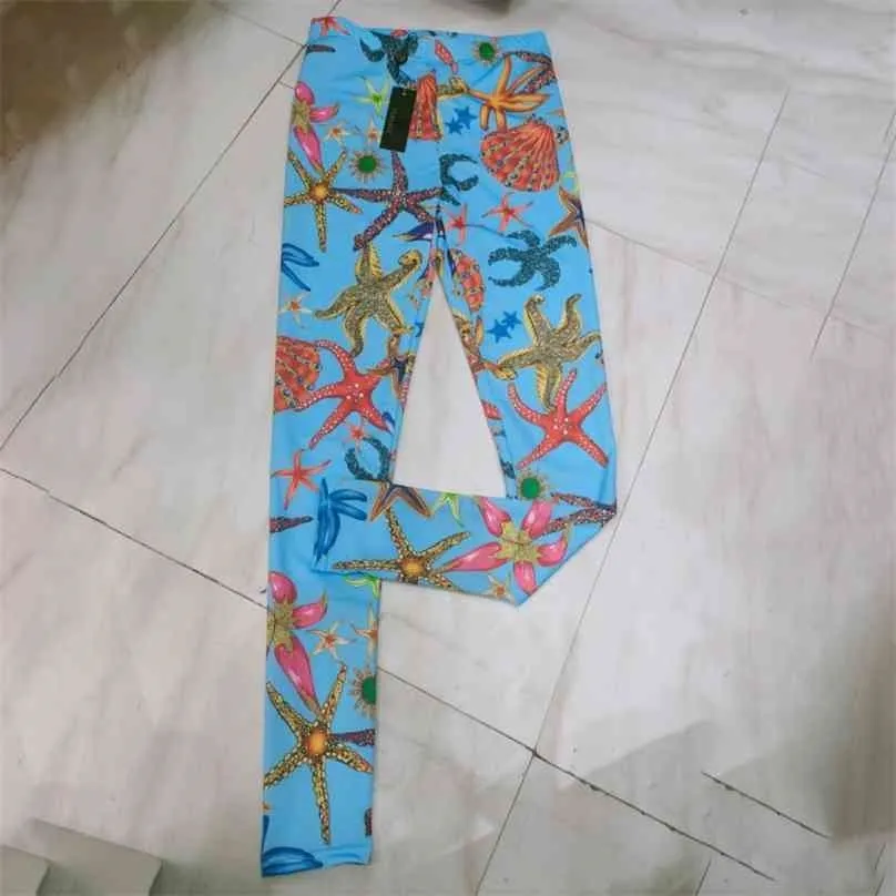 Blue Fashion Sea Star Shell Creature Print Elastico in vita Slim Leggings Vacation Luxury Designer Summer Women Clothes 210925