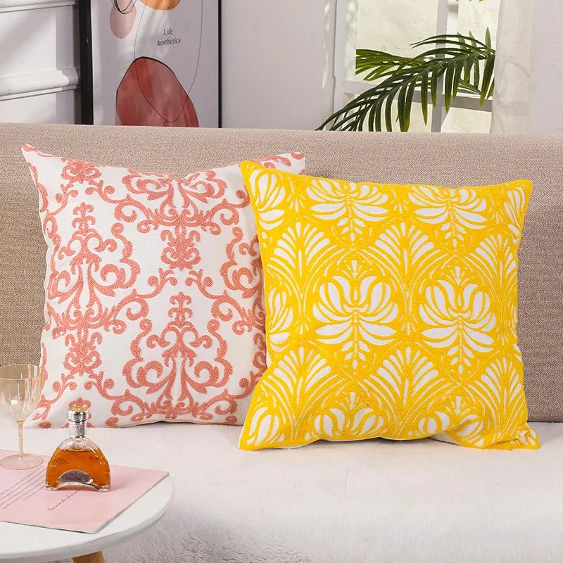 Coussin / oreiller décoratif décor à la maison Coussin brodé Coussin rose jaune Toile de coton SUQARE Couverture 45x45cm