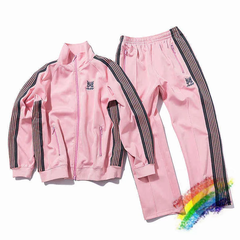 2021 Pink Needles Track Pants Men Women 1:1 High Quality Butterfly Embroidery AWGE Needles Pants Joggers Side Striped Trousers H0911