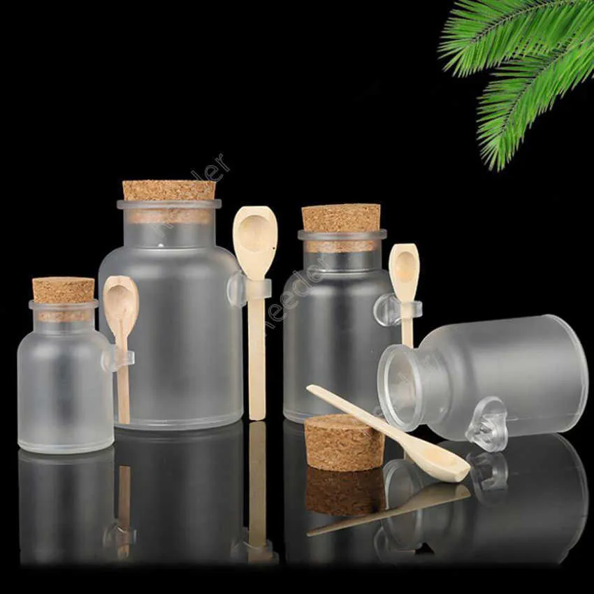 Buzlu Plastik Kozmetik Şişe Konteynırları Cork Kap ve Kaşık Banyo Tuz Maskesi Toz Krem Ambalaj Şişeleri Makyaj Depolama Kavanozları DAR68