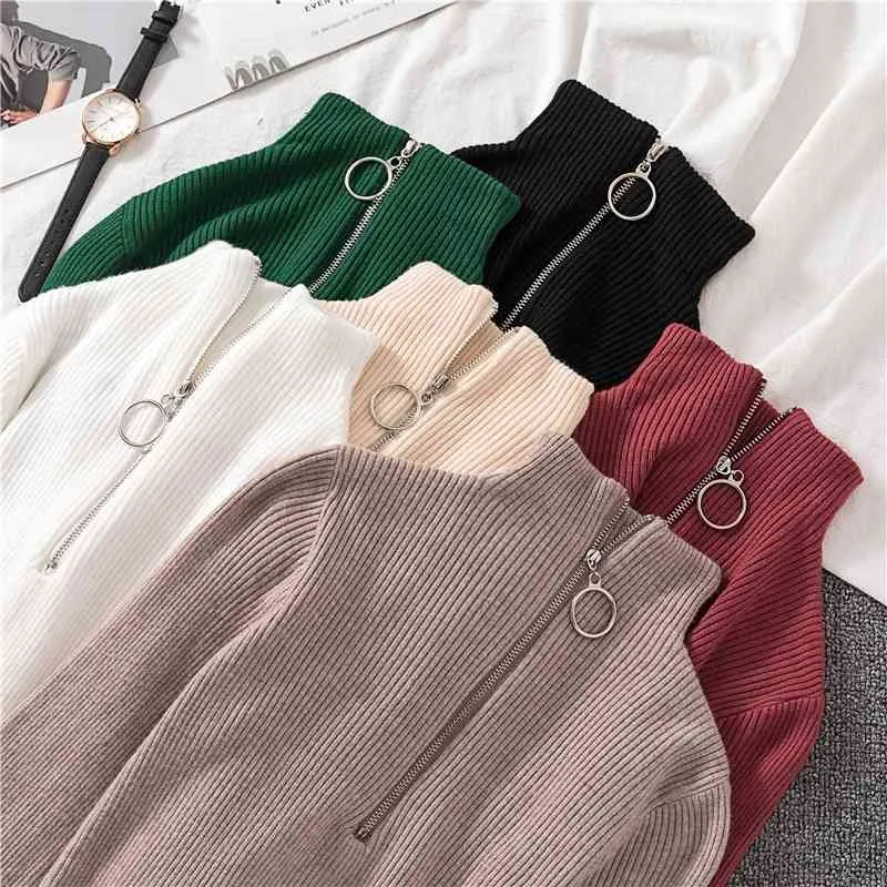 Zipper Halv Turtleneck Sweater Kvinnor Solid Slim Höst Vinter Kläder Sueter Mujer Basic Fashion Pullovers 12605 210602