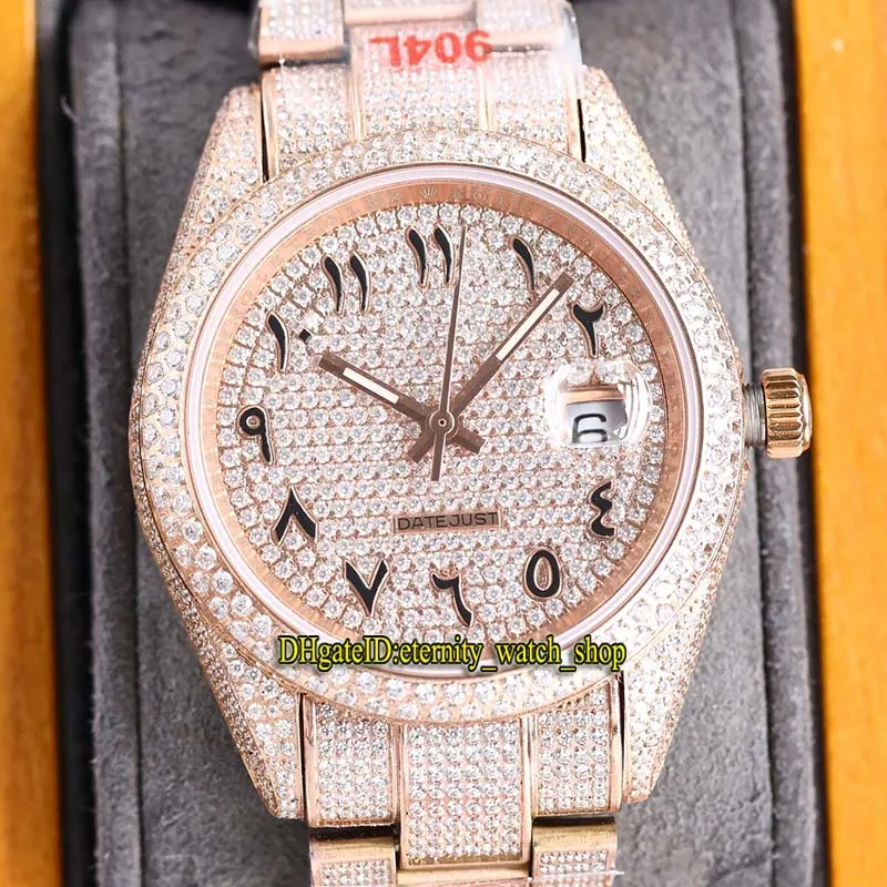 Вечность Часы RRF Новейшие продукты 126331 126301 1263341 126301 126334 A2824 Автоматический замороженный ALED OUT Pull Mens Часы Арабские бриллианты Набор 904L стальной алмаз Розовый золотой браслет