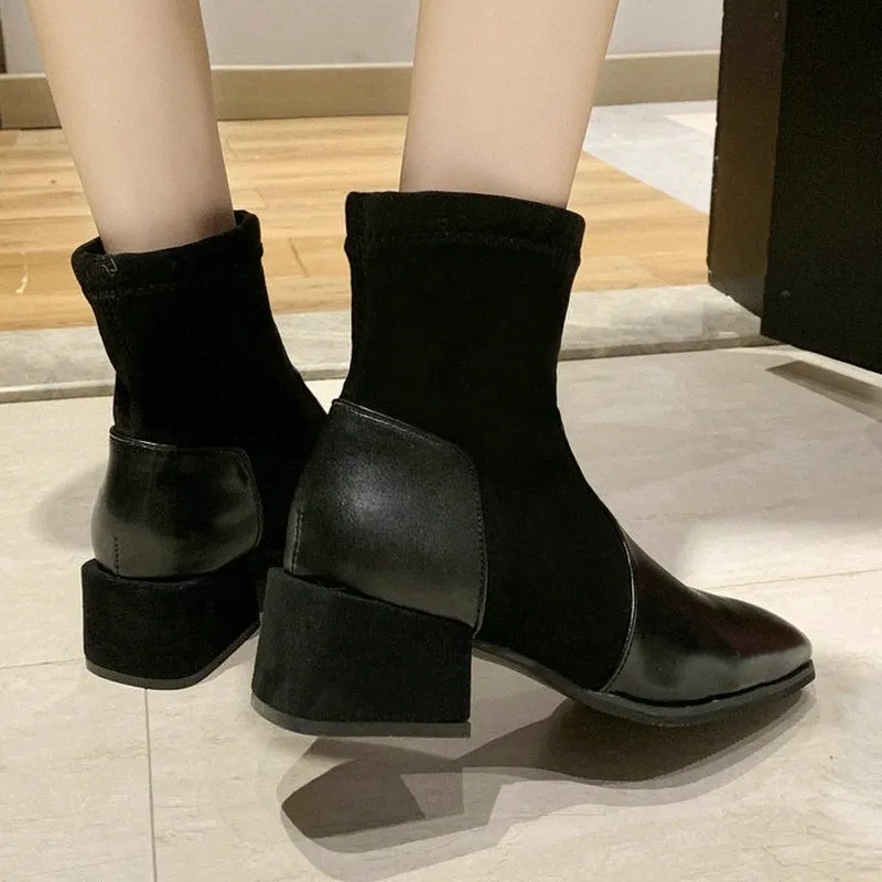 Storlek 35 50 Trevliga nya ankelst￶vlar Kvinnor Autumn Classic Black Shoes Woman Flat klackar Mogen Kvinna Koncise Boot Cowboy Boots Chelsea Boot J5JD#