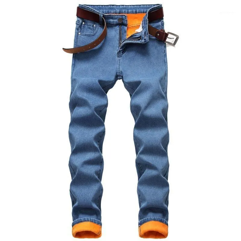 Herr jeans herrar vinter termisk varm plus fleece rak flockande smala passformbyxor fodrade byxor män förtjockning denim205e