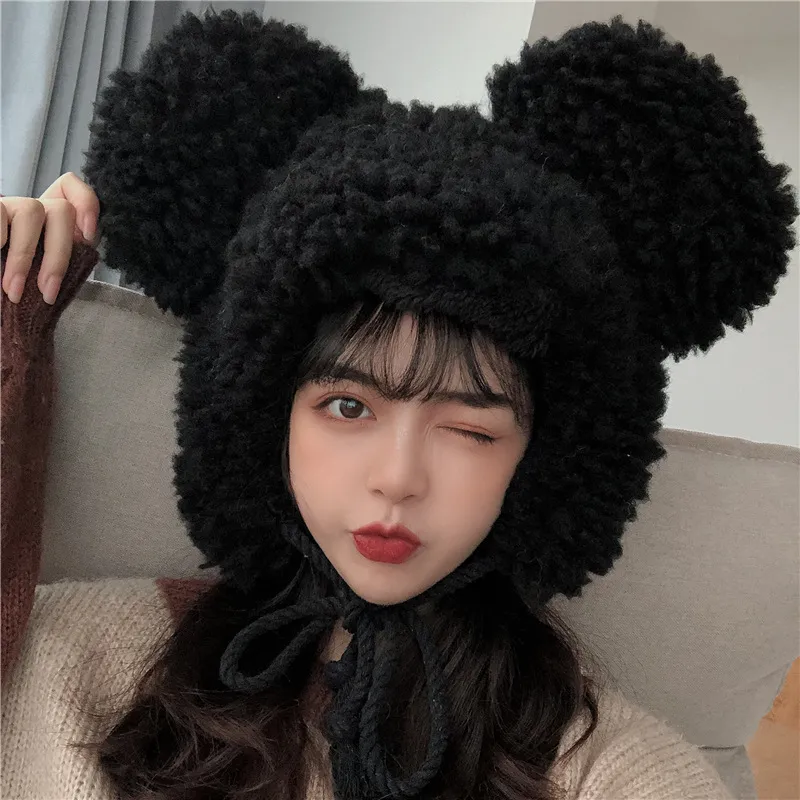 Women Winter Thicken Plush Furry Warm Ear flap Hat Cute Bear Ears Windproof Animal Beanie Cap with drawstring