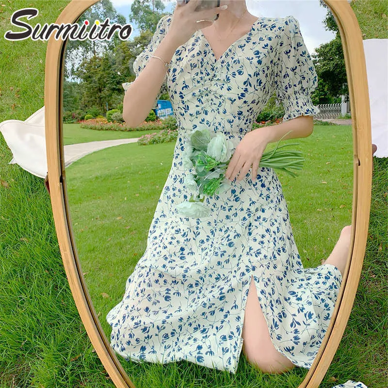 Surmitro Vintage Lato Split Midi Długa sukienka Kobiety V Neck Krótki rękaw Puff Rękaw Kwiatowy Tunika Plaża Party Sundress Kobieta 210712