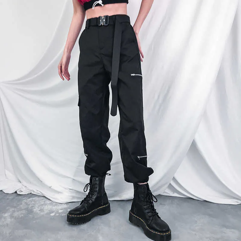 Pantalon cargo Harajuku noir pour femmes, Streetwear, pantalon de rue à fermeture éclair longue pour 210531