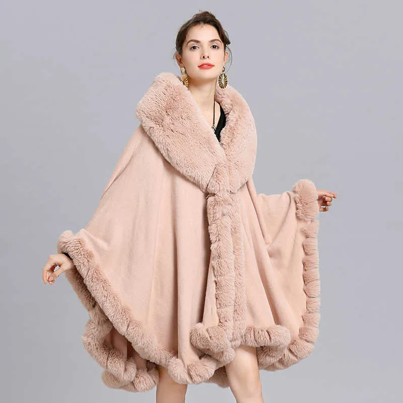 Moda Luksusowa Brand Duże Futro Collar Cloak Winter Cape Femme Fox Futro Capes Loose Plus Rozmiar Grube Ciepłe Cardigan Poncho Płaszcz H0923