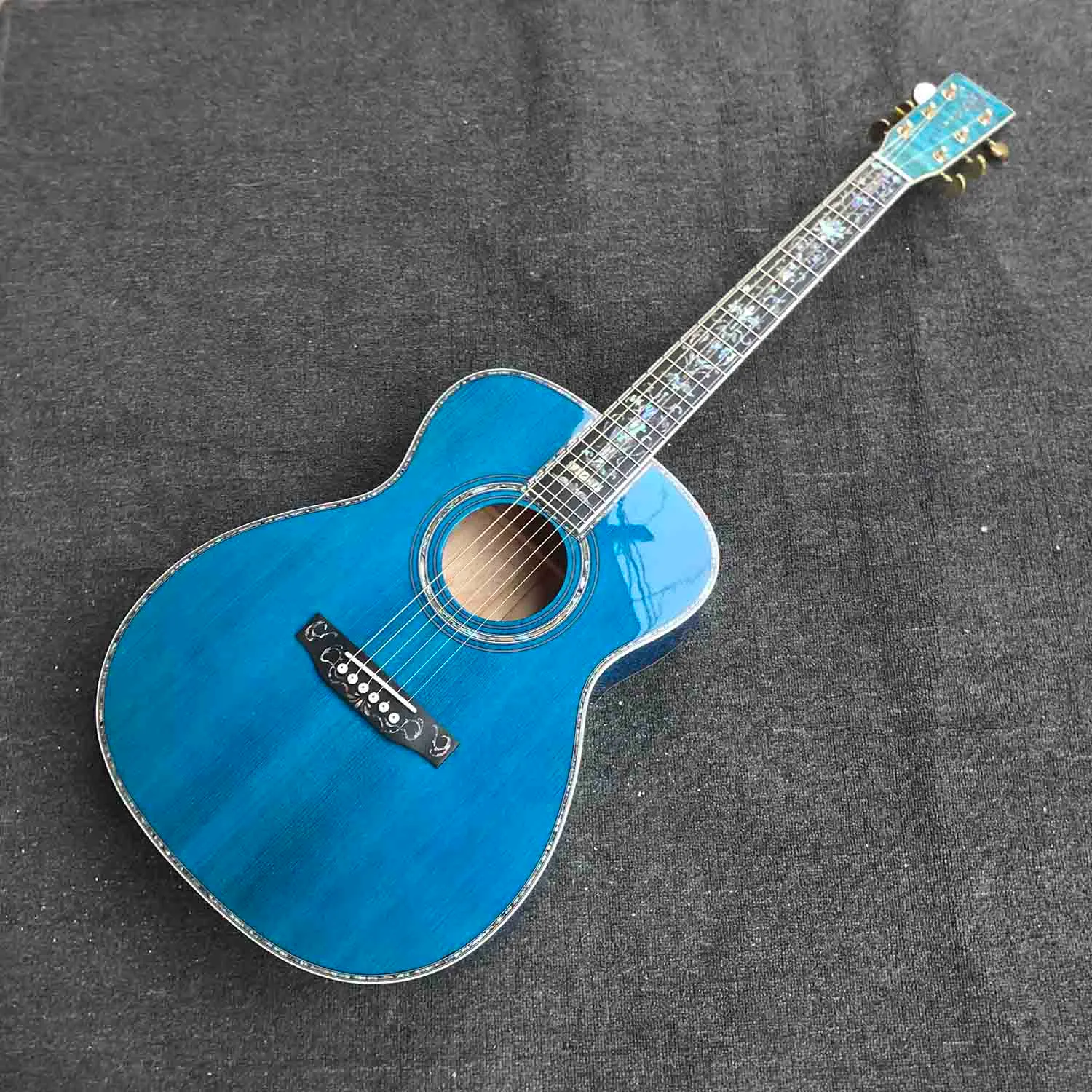 Guitare électrique acoustique personnalisée OM, incrustations en véritable ormeau, touche en ébène, érable ondulé, électronique