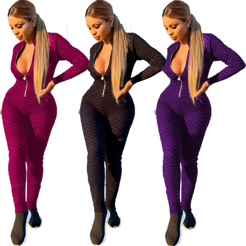 Macacões femininos de manga comprida roupas de outono inverno plus size 2XL com zíper frontal Macacão estampado casual Macacão skinny sexy Leggings esportivas 5869