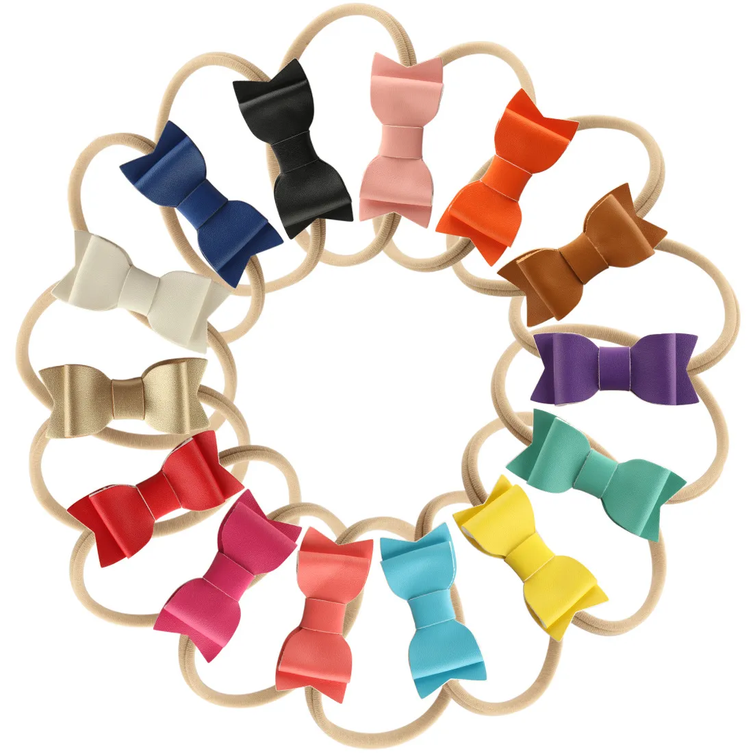 Mélangez les bandeaux élastiques en nylon extensible nude de couleur avec des filles d'arc en cuir pour l'accessoire de cheveux de bandeau de base de bébé infantile