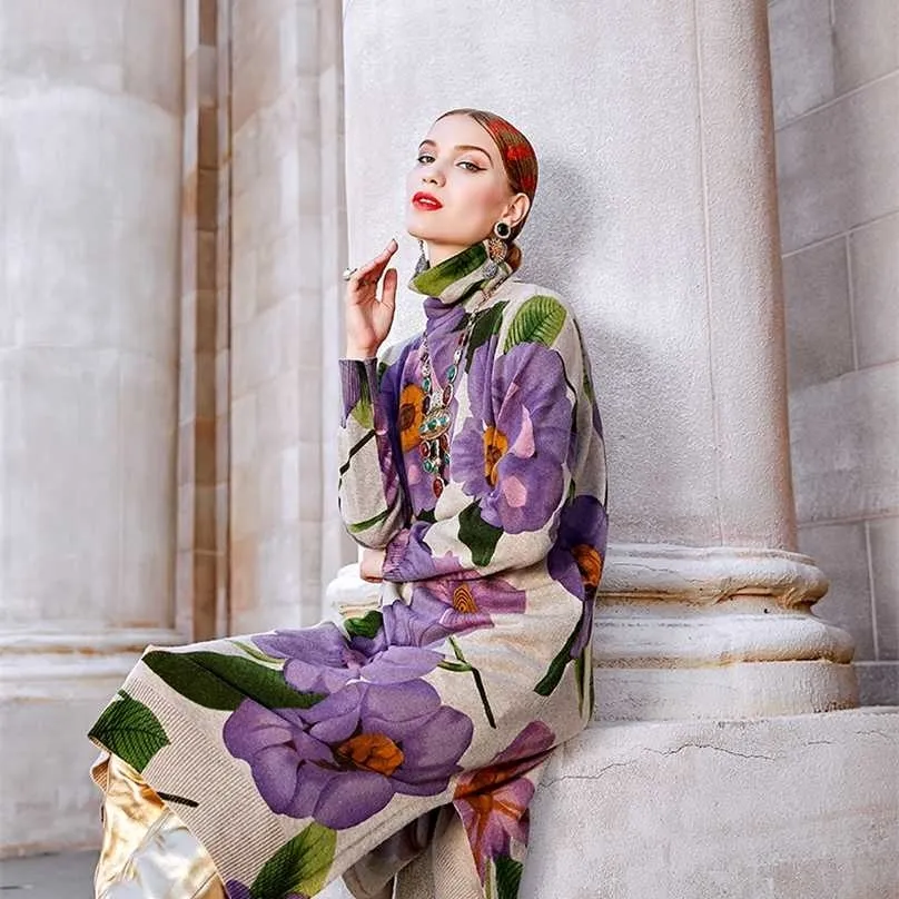 Vintage Floral Knitted Turtleneck Floral Sweater Dress For Women