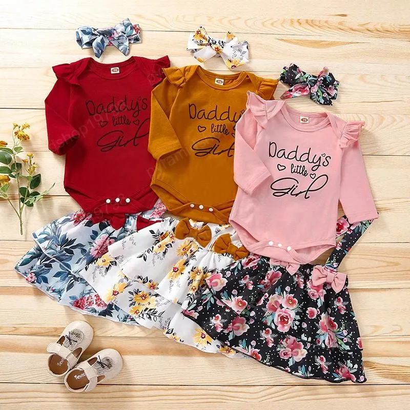 Kinderkleidungssets für Mädchen, Blumendruck-Outfits, Säuglingsoberteile mit fliegenden Ärmeln und Buchstaben + Blumenträgerkleid + Stirnbänder, Anzug, Frühlings- und Herbstmode, Boutique-Babykleidung