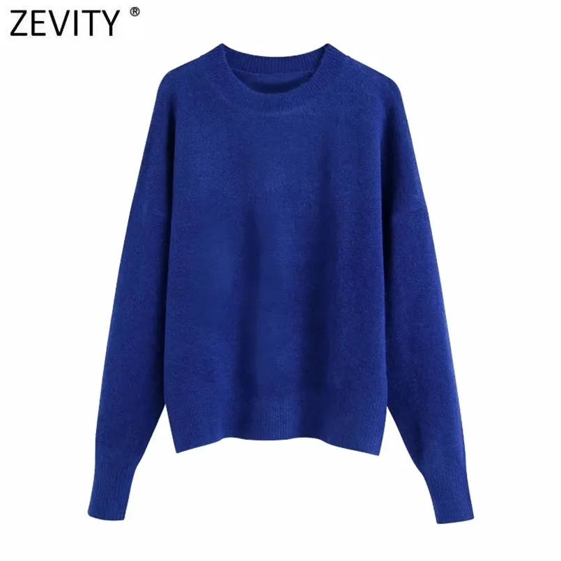 Zevity mujeres simplemente cuello redondo suave al tacto Casual tejido suéter femenino Chic básico manga larga jerseys ocio marca Tops SW902 210914