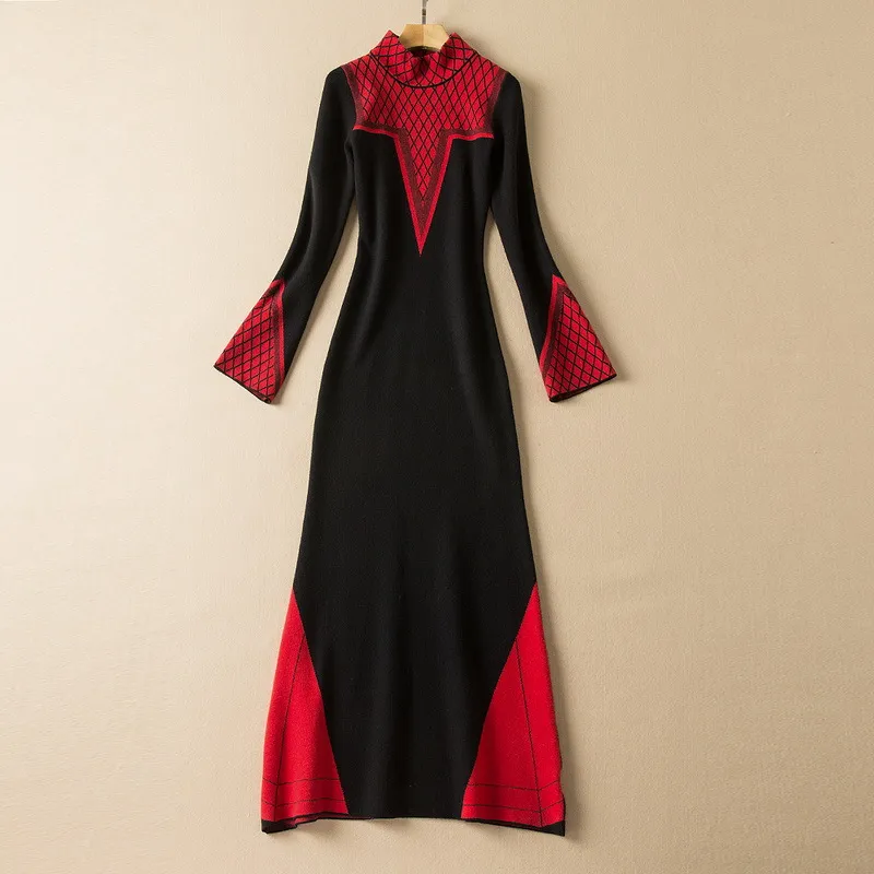 2022 Spring Long Sleeve Stand Collar Black Red Contrast Color Stretch Knitted Panelled Long Maxi Dress Elegant Casual Dresses 21D161124