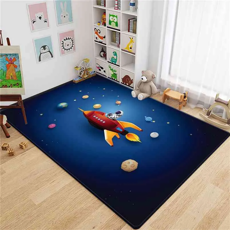 Tecknad raket astronaut 3d matta barn rum rymd flanell svamp golv matta tonåring rum rug söt krypande lek mat sängside matta 210917