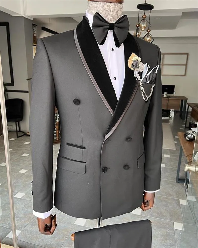 밝은 회색 남자 정장 결혼식 턱시도 파티 착용 2 조각 신랑 정장 슬림 피트 슈팅 옷깃 Bestman Blazer (자켓 + 바지)
