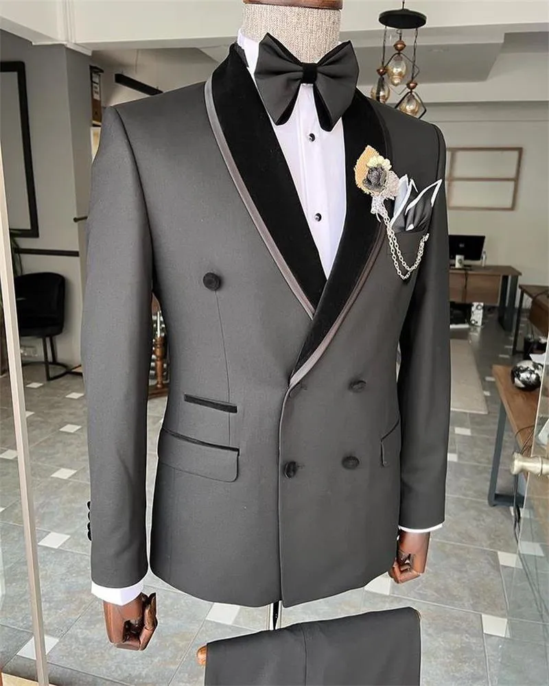 Trajes de hombre gris claro Esmoquin de boda Ropa de fiesta 2 piezas Trajes de novio Slim Fit Solapa enarbolada Bestman Blazer (Chaqueta + Pantalones)