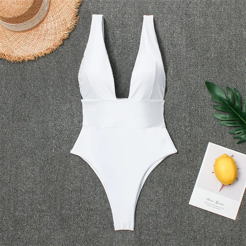 Deep V Blancs Monokini Pluning Thong Suit Combinaison Pour femmes Une pièce Maillot de bain Body Body White Women Weaver Wear Sex Sunwear 210315