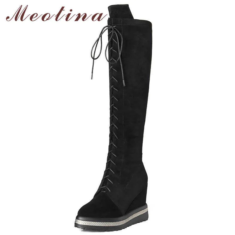 Meotina Winter Real Leather Knee High Boots Women Cow Suede Platform Wedge Heel Long Boots Zip Super High Heel Shoes Lady Fall 210608