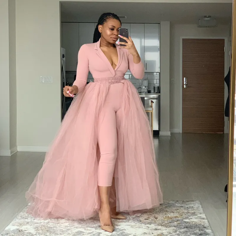 Long Tulle Overlay Women Overskirt for Jumpsuit Prom Gowns Sweep Train Detachable Skirt Dusty Pink Tutu Elastic Waist Plus Size 210305