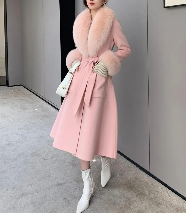Lã das mulheres mistura elegante estilo vintage 2022 moda rosa bege whit cashmere casaco de lã com pele real