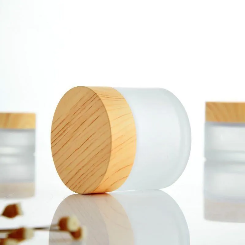 50 5 G 10 15/30 ml Lege hervulbare containers met houten graanschroefdoppen en binnendeksels, ronde glazen potten voor cosmetisch lichaam