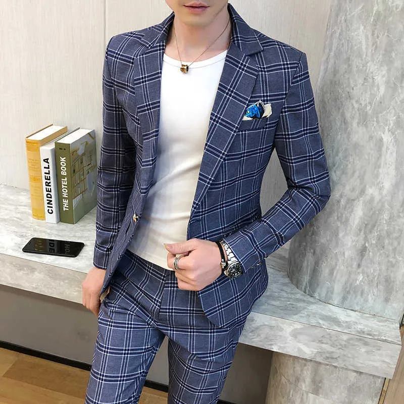 2 Pieces Suits Set Men Korean Style Design Fashion Male Plaid Blazers Coat Pants Spring Slim Fit Wedding Dress Jacket Trousers X0909