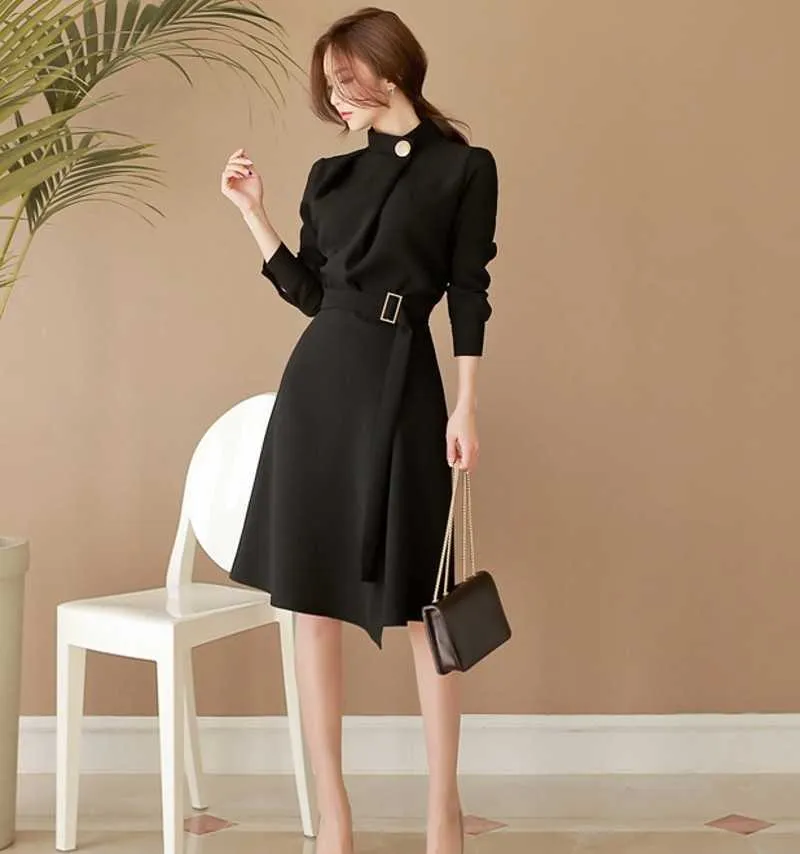 Elegant Autumn Long Sleeve Office Dress - Korean Style, Slim Fit with Belt  - Shop Now! from Dhgate Basic & Casual Dresses