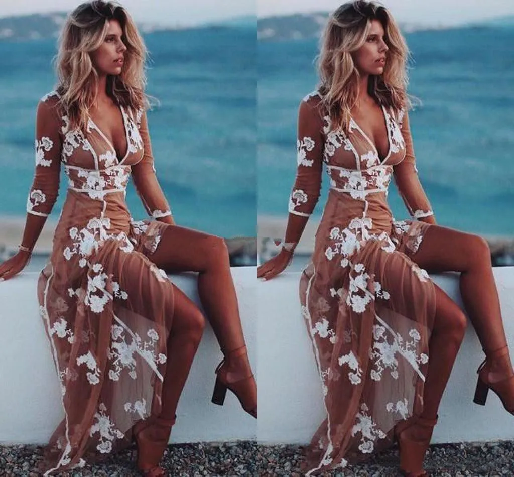 Sexy Boho Avondjurken V-hals 3/4 Lange mouwen Floral Applicaties Tule White Tan Beach Damesjurk Vloer Lengte Illusion Prom Jurken