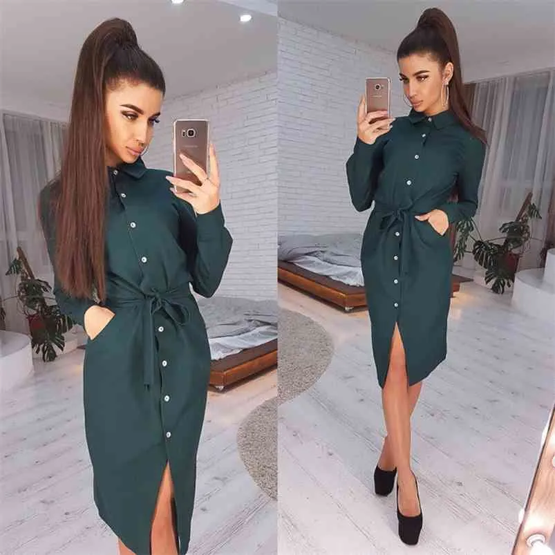 Mode Langarm Knöpfe Hemd Dres Herbst Casual Gelb Grün Vintage Damen Kleider Femme Robe 210623