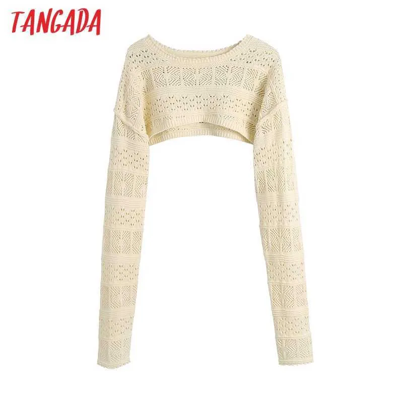 Tangada Women Fashion Hollow Out Beige Cropped Knitted Sweater Vintage O Neck Long Sleeve Female Pullovers Chic Tops BE558 210609