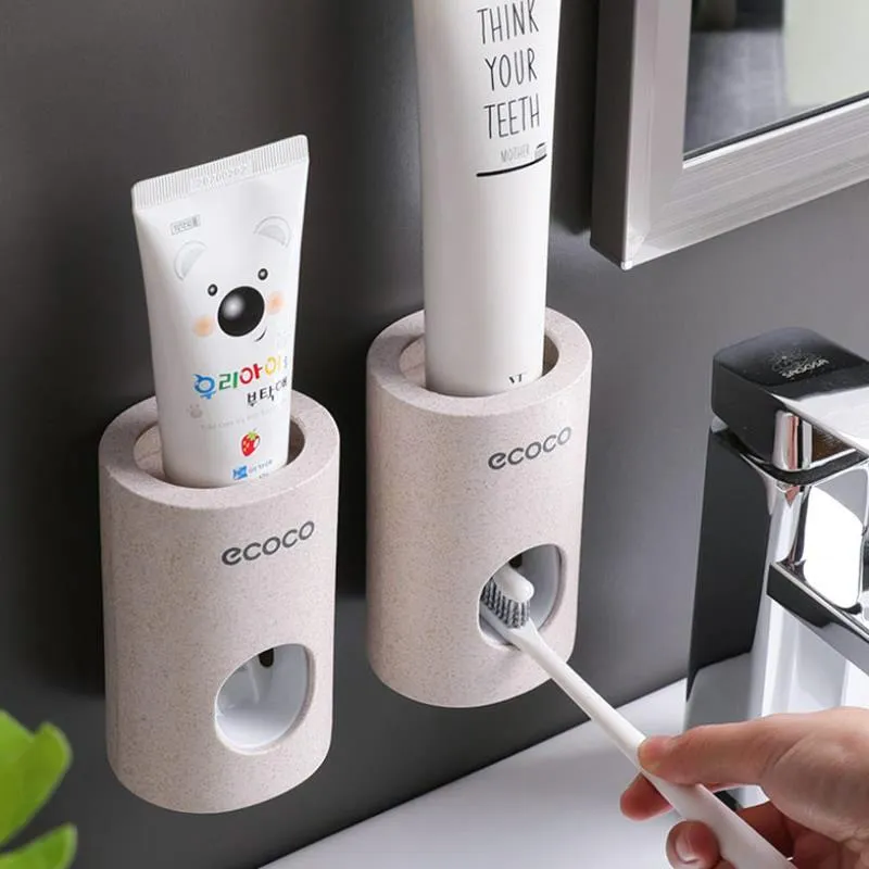 ECOCO Otomatik Diş Macunu Dağıtıcı Toz Geçirmez Diş Fırçası Tutucu Buğday Saman Duvara Monte Diş Macunu Cuteer Banyo için
